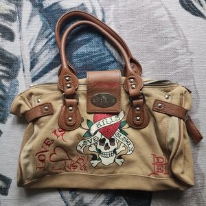 Ed Hardy Tan Canvas Tote Bag Love Kills Slowly
